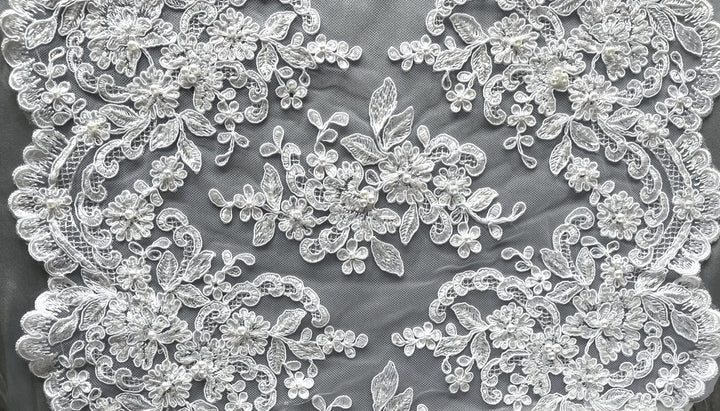15 1/2" Bright White Beaded & Pearled Alençon Style Lace Trim