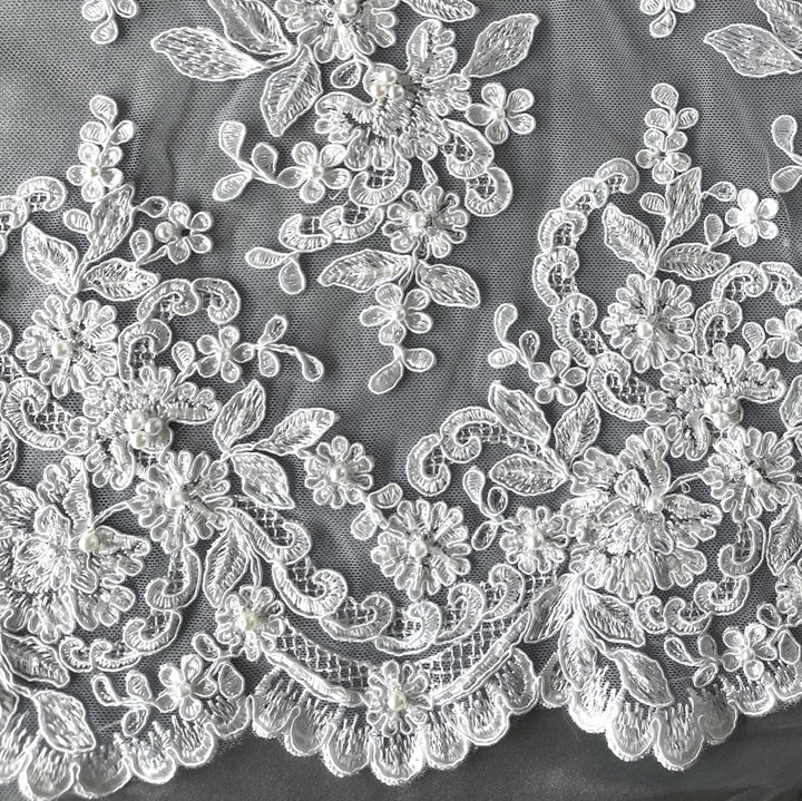 15 1/2" Bright White Beaded & Pearled Alençon Style Lace Trim