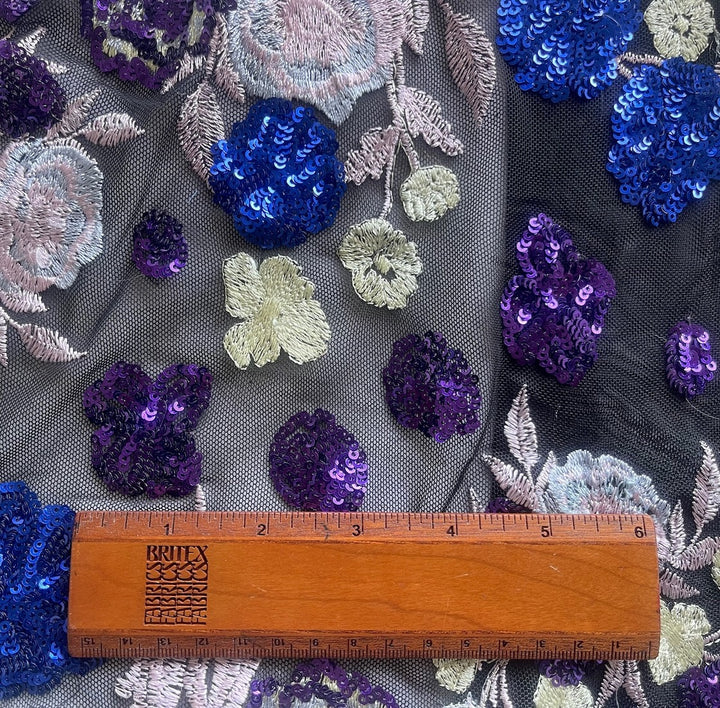 Sparkling Violet & Colbalt Embroidered/Sequined on Black Mesh (Made in Korea)