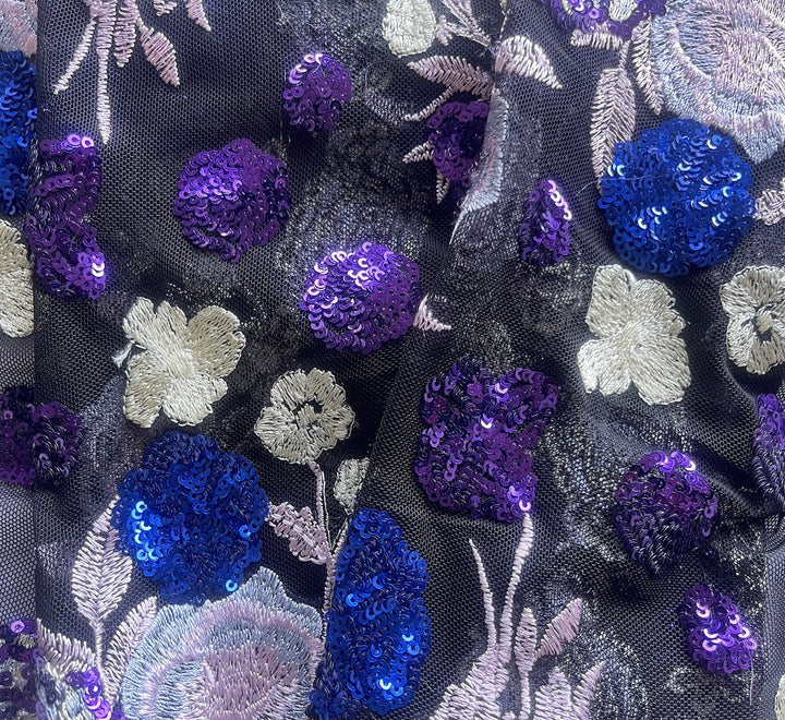 Sparkling Violet & Colbalt Embroidered/Sequined on Black Mesh (Made in Korea)