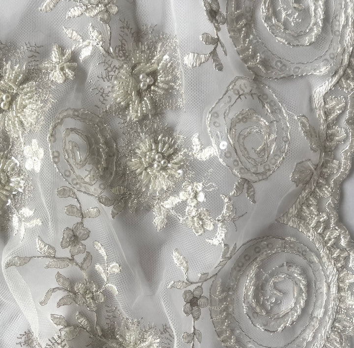 Elegant Silver & Off-White Scalloped Embroidered Mesh (Made in Korea)