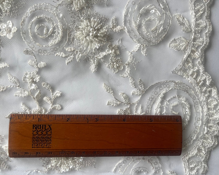 Elegant Silver & Off-White Scalloped Embroidered Mesh (Made in Korea)
