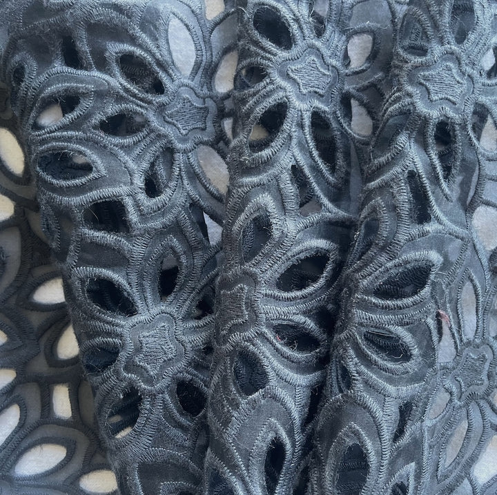 Designer Semi-Sheer Daisy Meadow Black Embroidered Silk Blend Organza