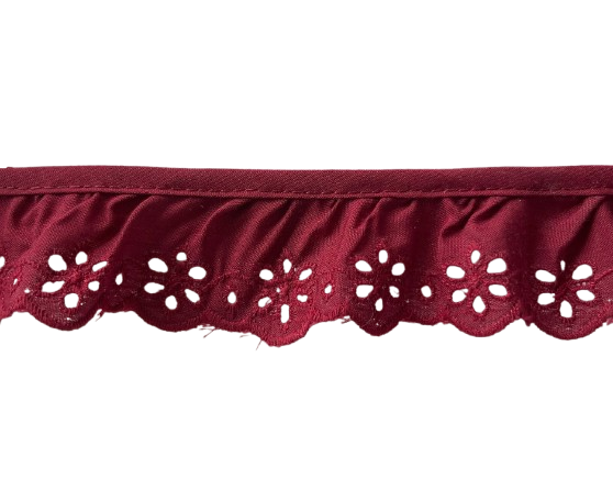 1 1/2" Wine Gathered Scalloped Cotton Eyelet Trim (Made in France)