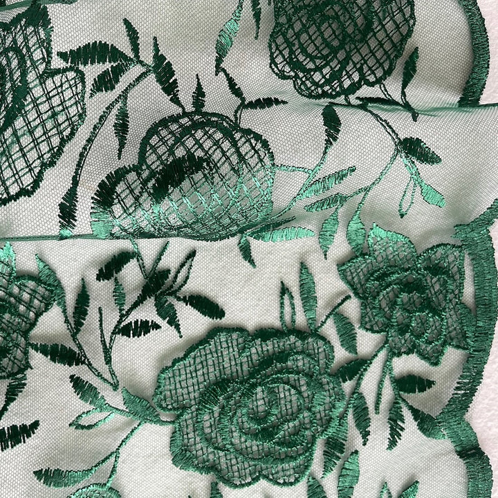 Embroidered Bottle Green Roses Scalloped Lace Fabric