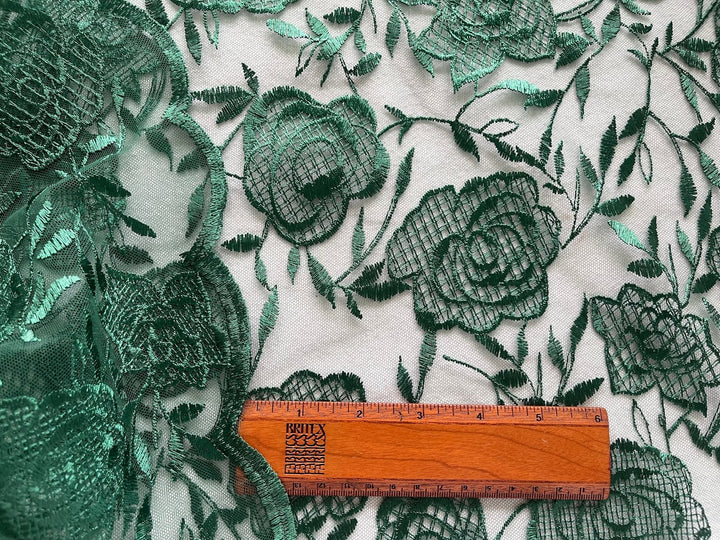 Embroidered Bottle Green Roses Scalloped Lace Fabric
