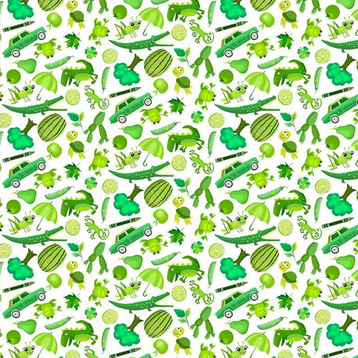 Mini Grass Green I Spy Creatures & Stuff on White Quilting Cotton
