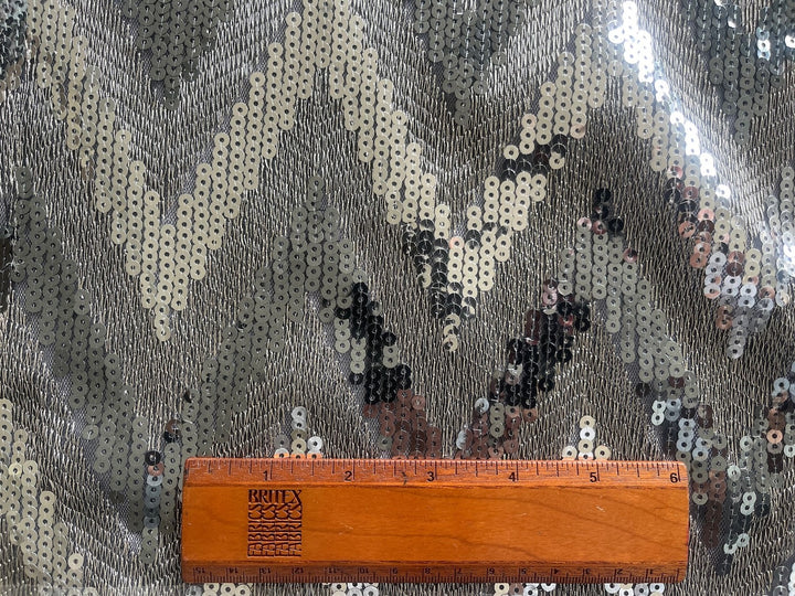 Mid-Weight Dramatic Metallic Sequined Chevron on Black Polyester Tulle (Made in Korea)