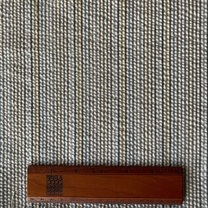 Mid-Weight Pecan & Sky Striped Seersucker Cotton Blend (Made in Italy)