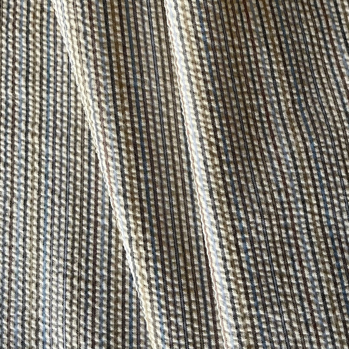 Mid-Weight Pecan & Sky Striped Seersucker Cotton Blend (Made in Italy)