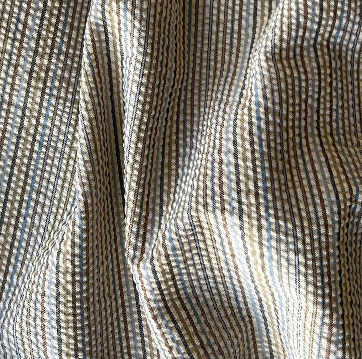 Mid-Weight Pecan & Sky Striped Seersucker Cotton Blend (Made in Italy)