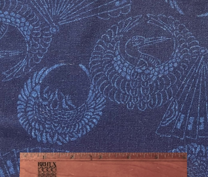 Cranes & Fans Traditional Tsutsugaki Indigo Cotton (Made in Japan)