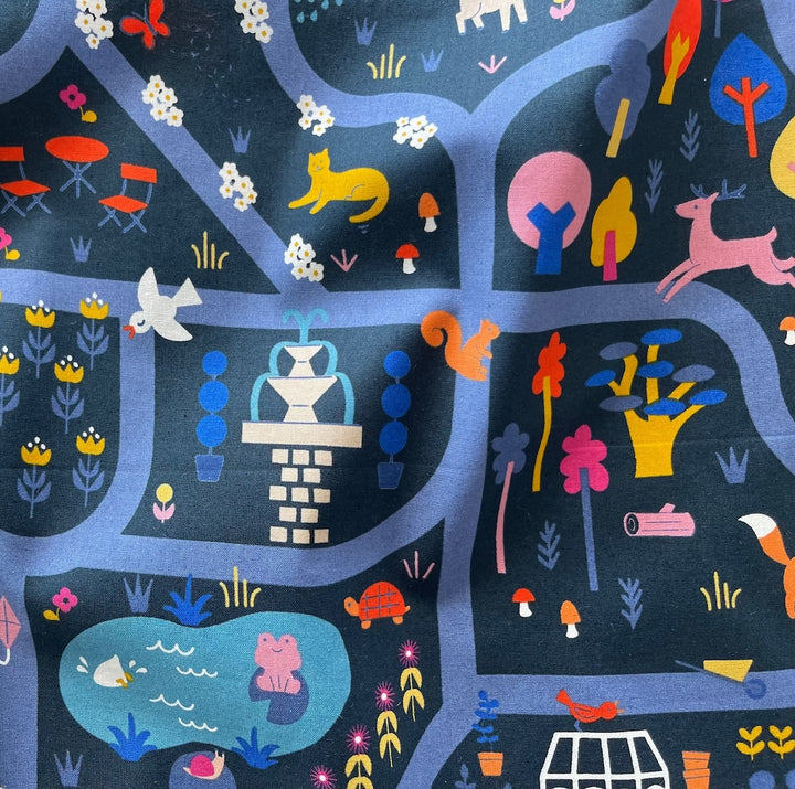 Woodland Park Garden Map Teal Navy Quilting Cotton  (Made in Japan)