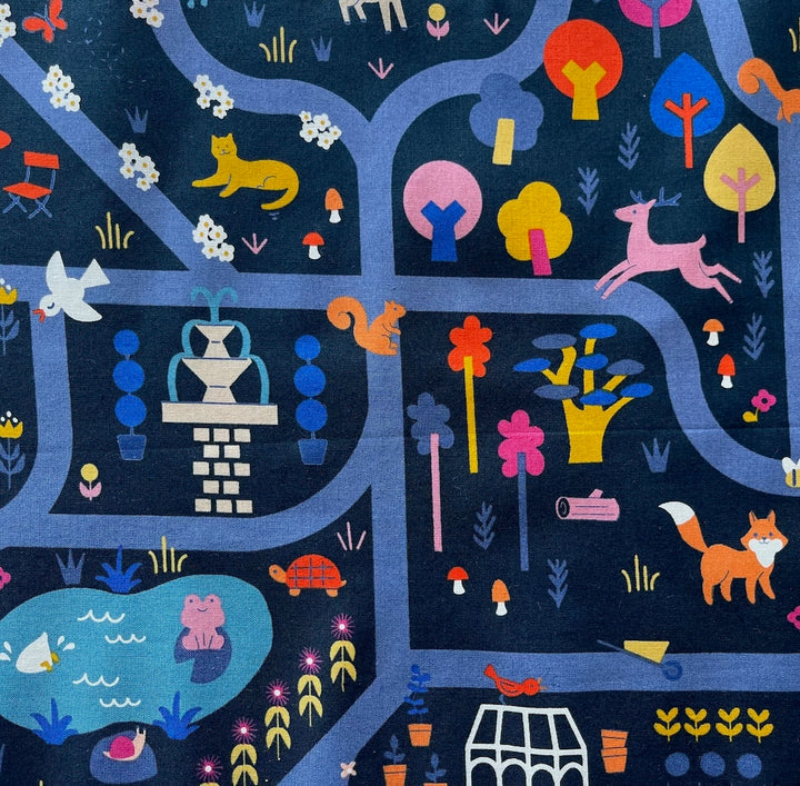 Woodland Park Garden Map Teal Navy Quilting Cotton  (Made in Japan)