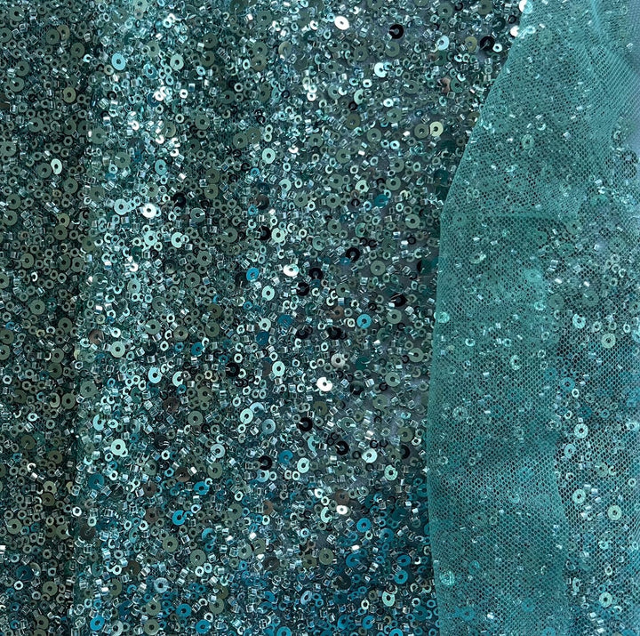 Sparkling Dense Jaded Pine Sequins & Bugle Beads on Mesh (Made in Korea)