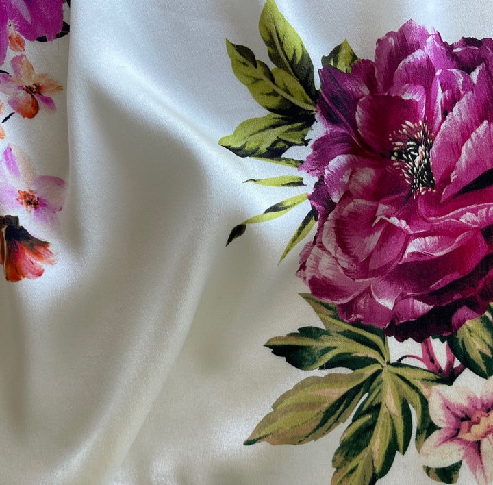 Fragrant Blooming Peonies on Ivory Stretch Silk Satin Charmeuse (Made in Italy)