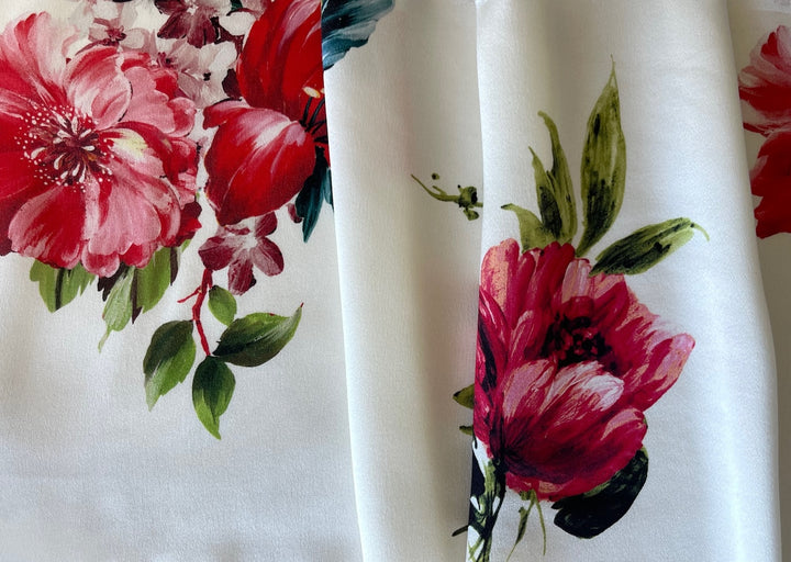 Fragrant Blooming Peonies on Ivory Stretch Silk Satin Charmeuse (Made in Italy)