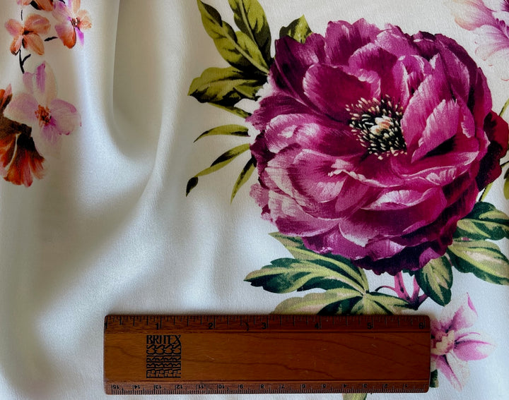 Fragrant Blooming Peonies on Ivory Stretch Silk Satin Charmeuse (Made in Italy)