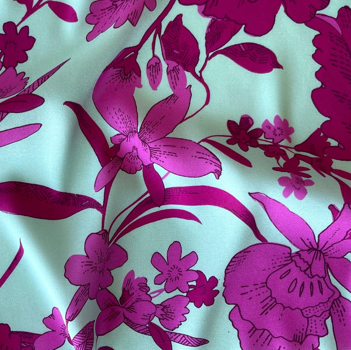 Couture Raspberry Orchids on Celestial Aqua Stretch Silk Satin Charmeuse (Made in Italy)