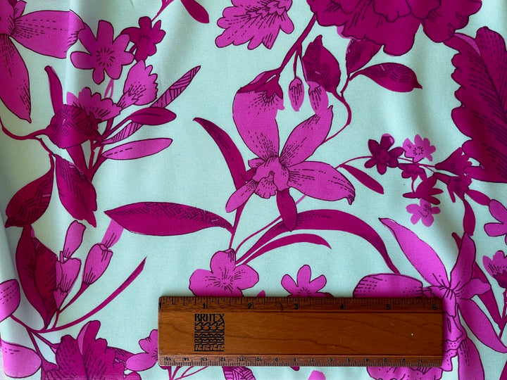 Couture Raspberry Orchids on Celestial Aqua Stretch Silk Satin Charmeuse (Made in Italy)