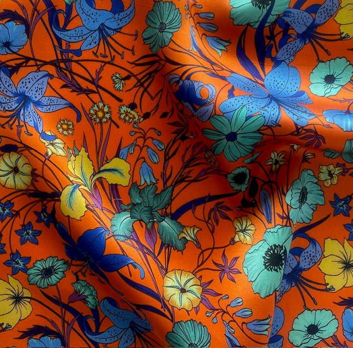 Tangerine Floral Dreamscape Silk Satin Charmeuse (Made in Italy)
