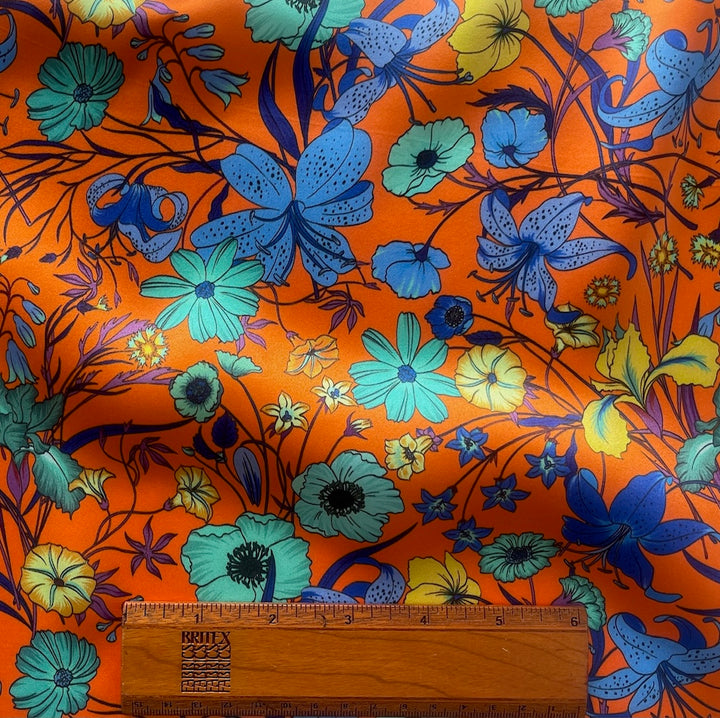 Tangerine Floral Dreamscape Silk Satin Charmeuse (Made in Italy)