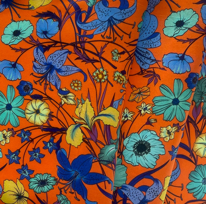 Tangerine Floral Dreamscape Silk Satin Charmeuse (Made in Italy)