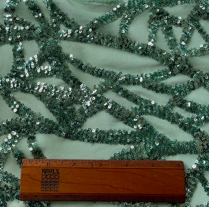 Sequined Minty Seaweed Fronds Stretch Nylon Blend Mesh (Made in Korea)