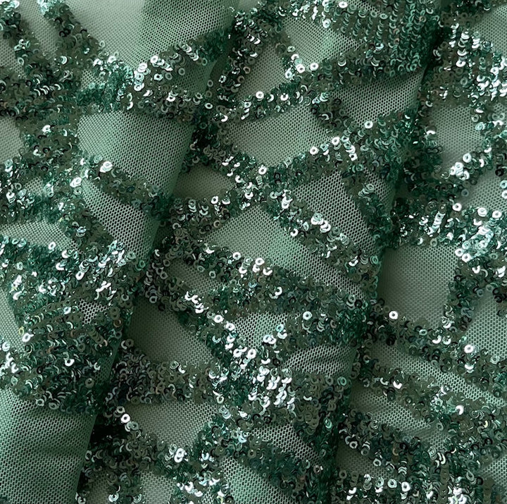 Sequined Minty Seaweed Fronds Stretch Nylon Blend Mesh (Made in Korea)