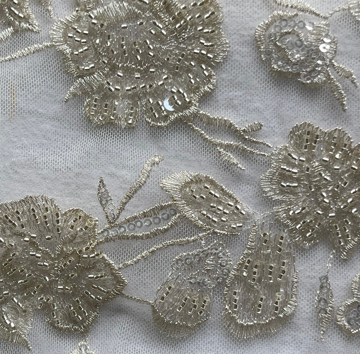 Romantic Floral Sequined & Beaded Pale Alabaster Guipure Lace (Made in Korea)