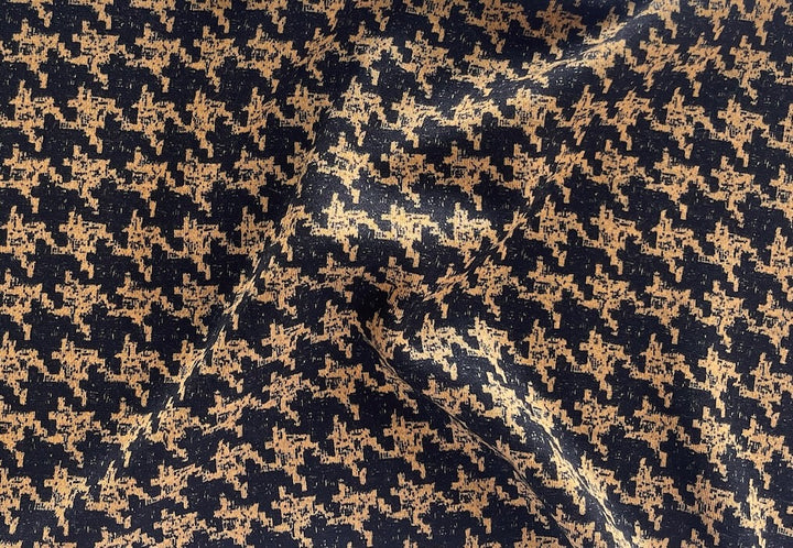 Light to Mid-Weight Coal & Caramel Houndstooth Viscose Blend Ponte Knit (Made in the Netherlands)