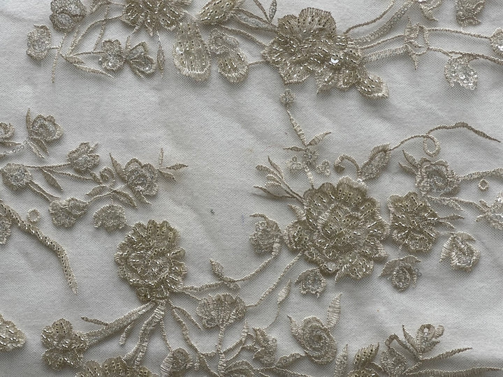 Romantic Floral Sequined & Beaded Pale Alabaster Guipure Lace (Made in Korea)