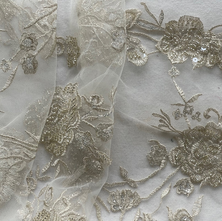 Romantic Floral Sequined & Beaded Pale Alabaster Guipure Lace (Made in Korea)