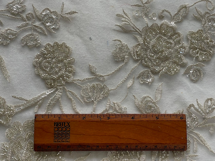 Romantic Floral Sequined & Beaded Pale Alabaster Guipure Lace (Made in Korea)