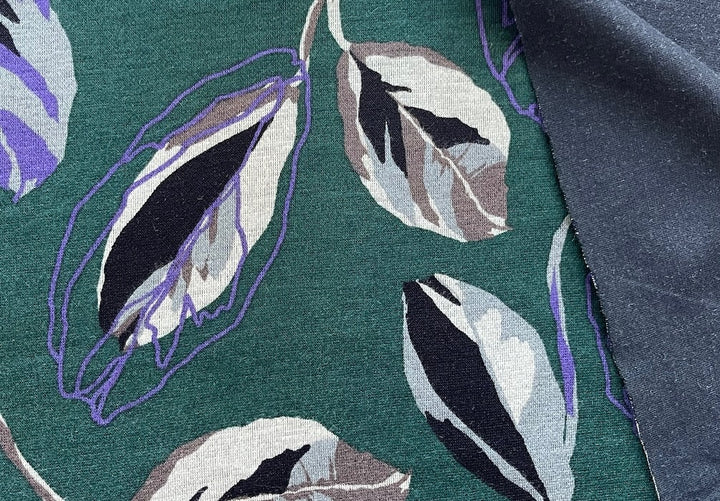 Light to Mid-Weight  Leaf Shadow on Bottle Green Viscose Blend Ponte Knit (Made in the Netherlands)