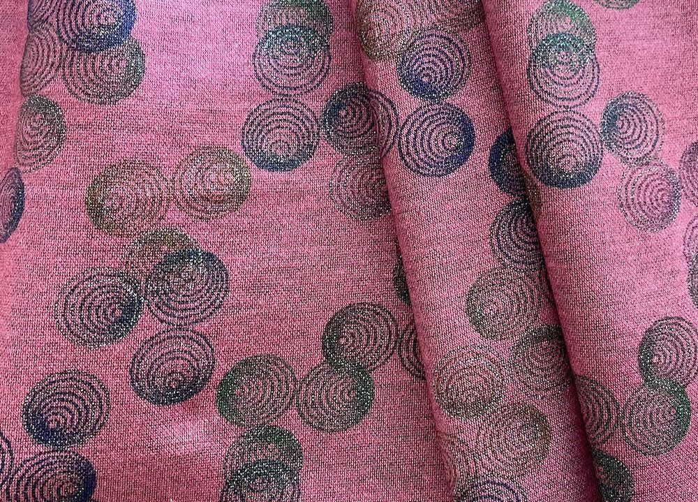 Mid-Weight Midnight Concentric Spirals on Mauve Viscose Blend Ponte Knit (Made in the Netherlands)