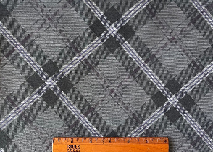 Pewter & Plum Diagonal Plaid Rayon Viscose Blend Ponte Double-Knit (Made in Italy)