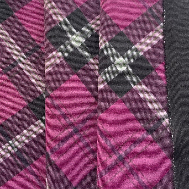 Boysenberry Diagonal Plaid Rayon Viscose Blend Ponte Double-Knit (Made in Italy)