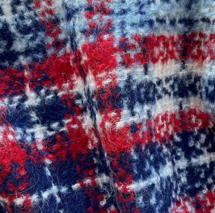 Mid-Weight Fuzzy Plaid Cherry, Ice & Navy Wool Blend Bouclé (Made in Italy)