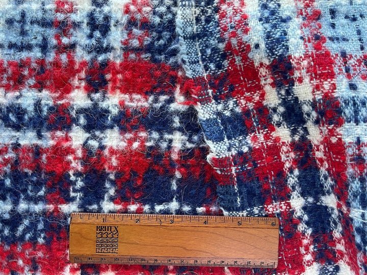 Mid-Weight Fuzzy Plaid Cherry, Ice & Navy Wool Blend Bouclé (Made in Italy)