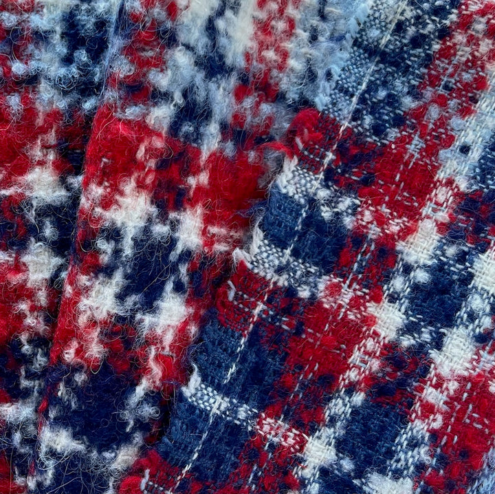 Mid-Weight Fuzzy Plaid Cherry, Ice & Navy Wool Blend Bouclé (Made in Italy)