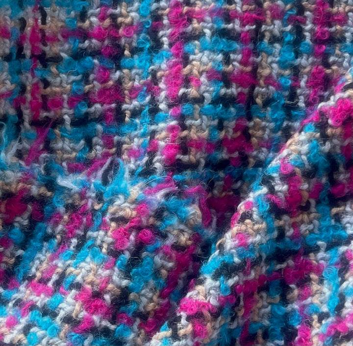 Mid-Weight Turquoise & Hot Pink Plaid Wool Bouclé (Made in Italy)