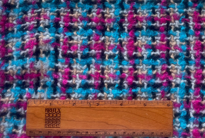 Mid-Weight Turquoise & Hot Pink Plaid Wool Bouclé (Made in Italy)