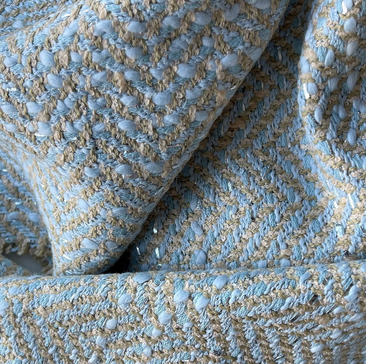 Mid-Weight Powder Blue, Camel & Silver Metallic Wool Blend Bouclé  (Made in Spain)