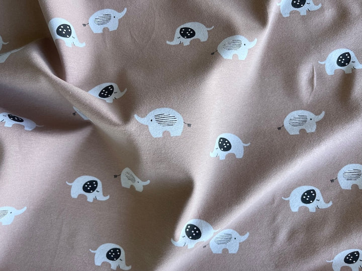 Lucky Elephants on Rose Bisque Cotton Knit (Made in the Netherlands)