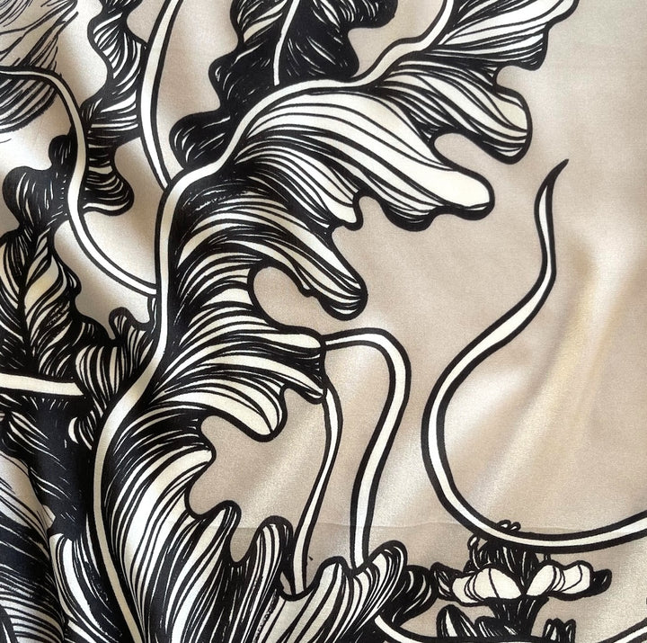 Lighter-Weight Dramatic Botantical Champagne Stretch Silk Habutai  (Made in Italy)