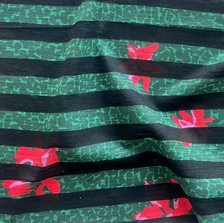 Semi-Sheer Striped & Flowered Bottle Green Cotton Tissue Jersey Knit (Made in Japan)