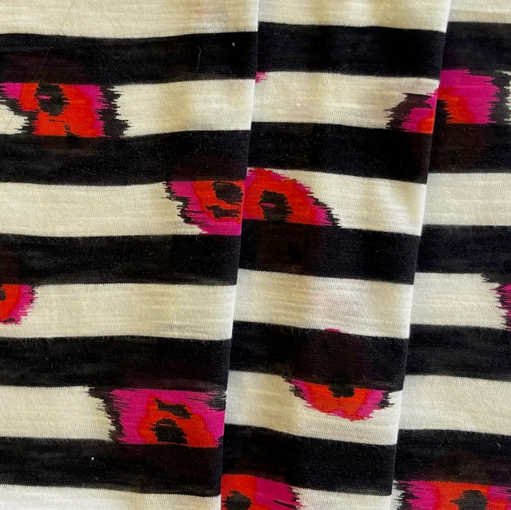 Striped Cherry Flowered Natural Cotton Tissue Jersey Knit (Made in Japan)