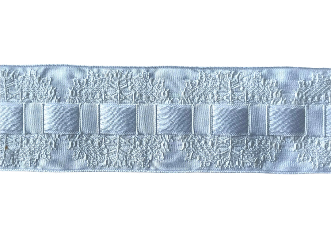 1 1/2" White Threaded Satin Ribbon on Brocade Ribbon (Made in France)