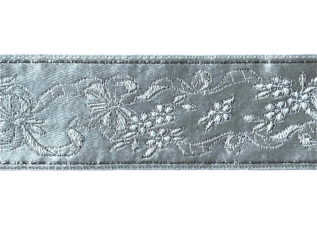 2" Scrolling Ribbons & Blooms White/Metallic Silver Brocade Ribbon (Made in France)
